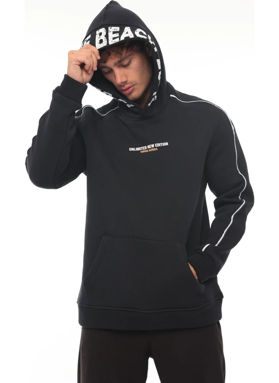 Miron Navy Blue Hooded Printed Three Thread Oversize Sweatshirt - 2440