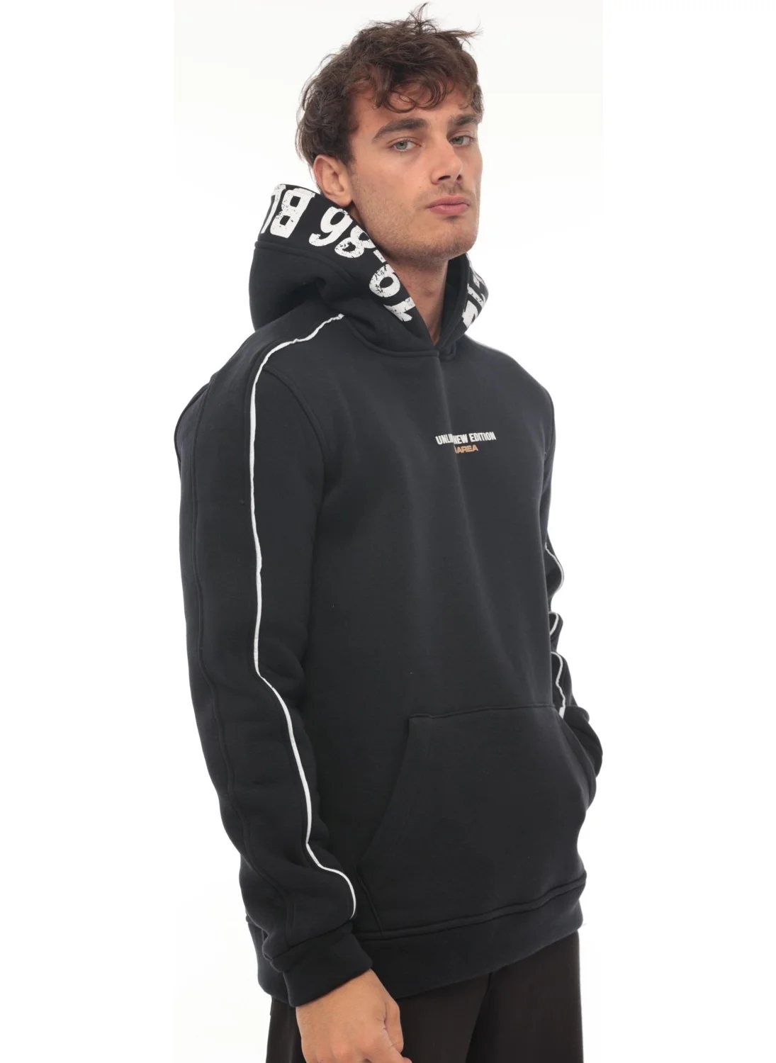 Miron Navy Blue Hooded Printed Three Thread Oversize Sweatshirt - 2440