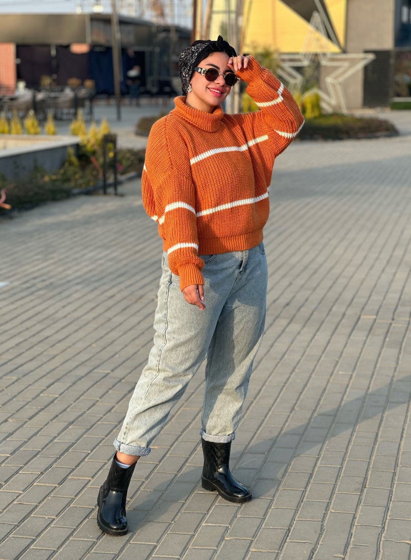 Puritopia Orange Trico Boot Neck Pullover With White Lines - Image 2