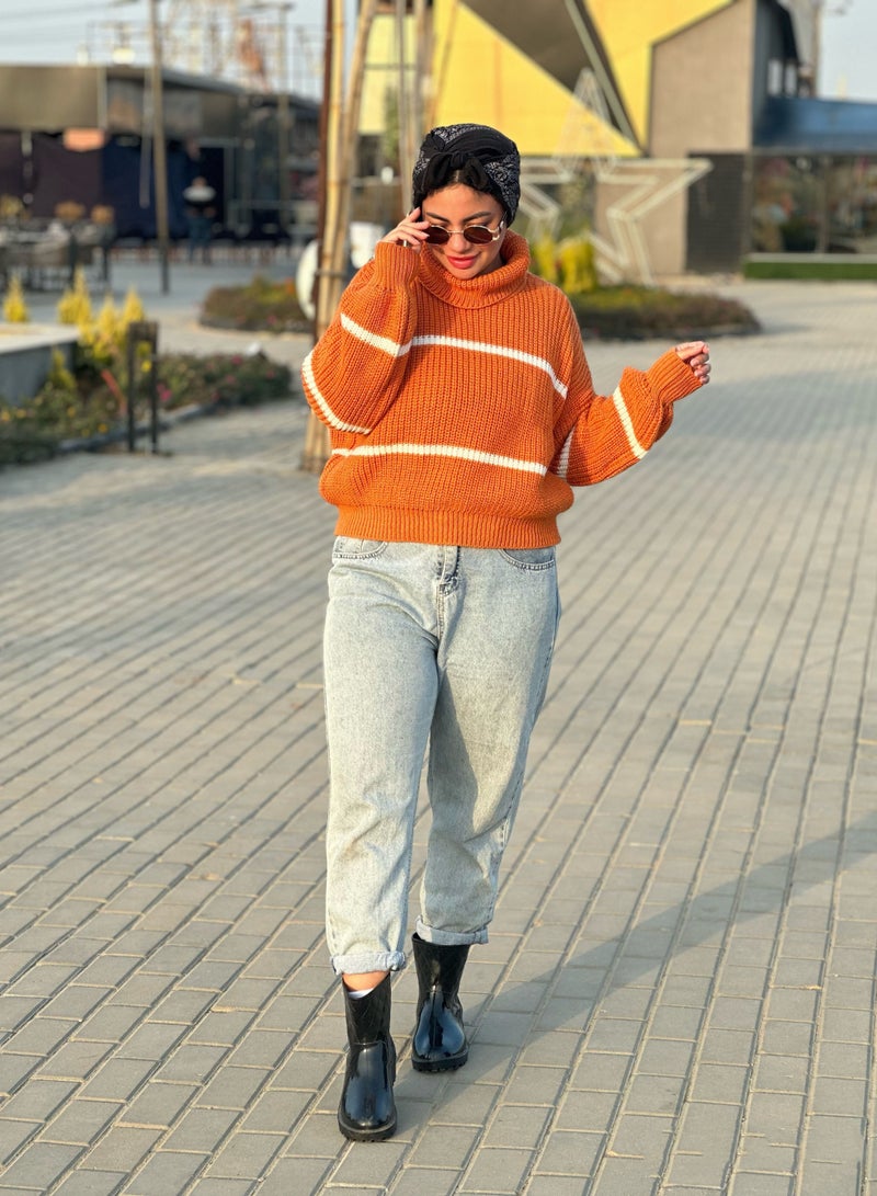 Puritopia Orange Trico Boot Neck Pullover With White Lines - Image 1