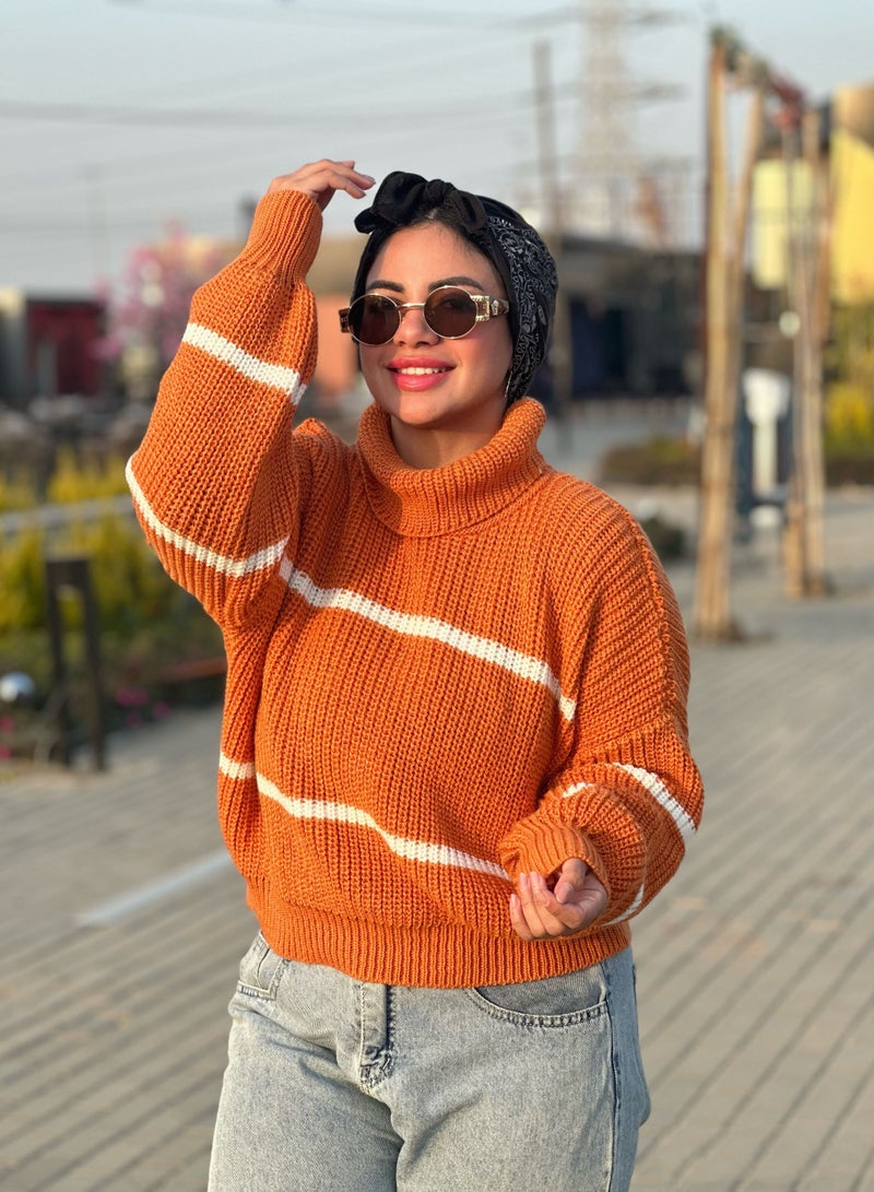 Puritopia Orange Trico Boot Neck Pullover With White Lines - Image 3