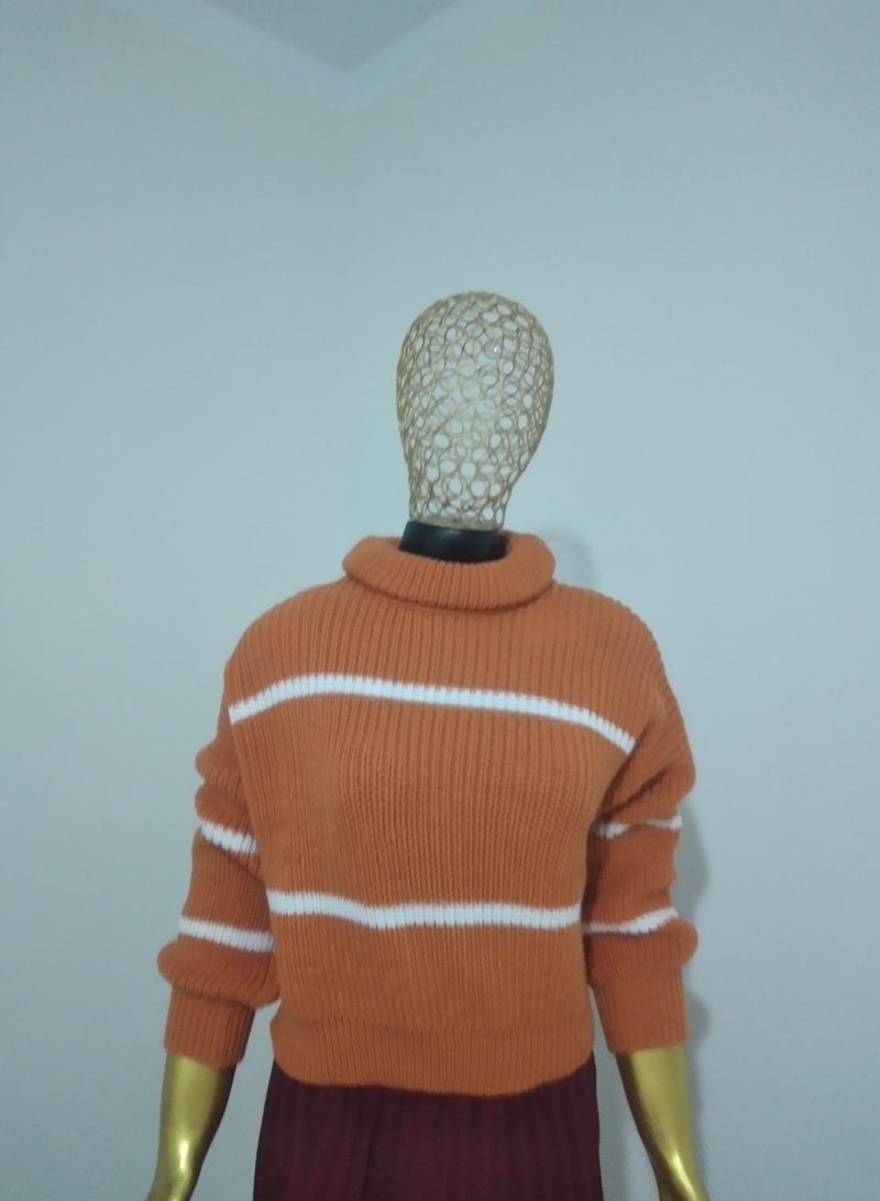 Puritopia Orange Trico Boot Neck Pullover With White Lines - Image 5