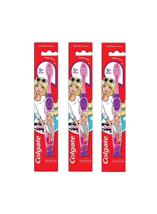 كولجيت فرشاة أسنان كولجيت باربي للأطفال من عمر 5 سنوات فما فوق، عبوة من 3 قطع، شعيرات فائقة النعومة مع منظف للسان - Image 1