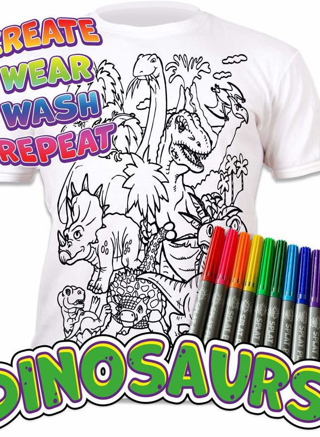 Splat Planet Dinosaur T-Shirt with 10 Non-Toxic Washable Magic Pens - Color Your Own, Color-in and Wash Out T-Shirt (5-6 Years) White - Image 5