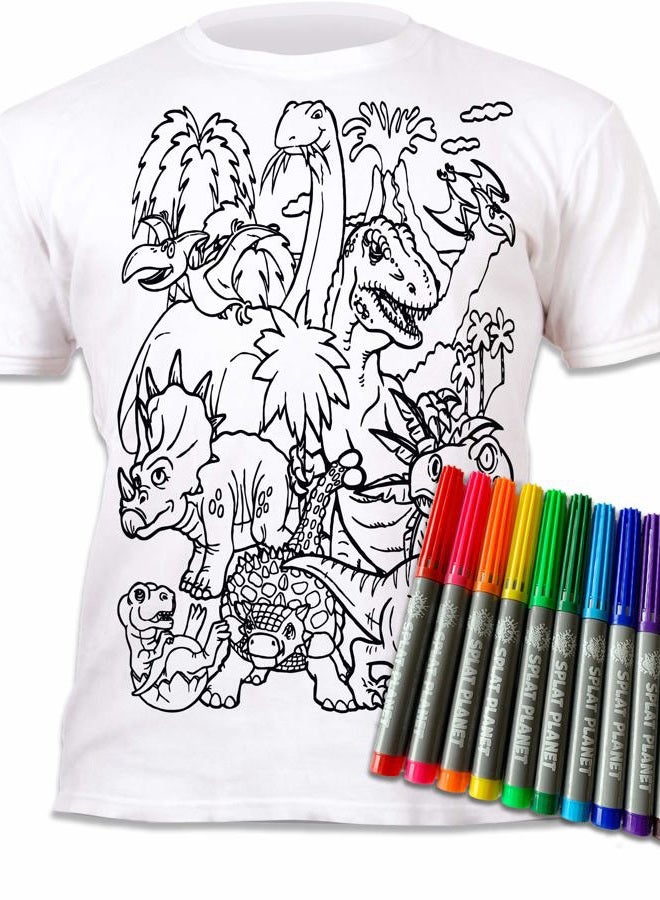 Splat Planet Dinosaur T-Shirt with 10 Non-Toxic Washable Magic Pens - Color Your Own, Color-in and Wash Out T-Shirt (5-6 Years) White - Image 1
