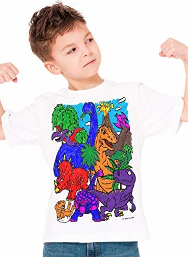 Splat Planet Dinosaur T-Shirt with 10 Non-Toxic Washable Magic Pens - Color Your Own, Color-in and Wash Out T-Shirt (5-6 Years) White - Image 2
