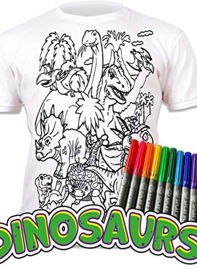 Splat Planet Dinosaur T-Shirt with 10 Non-Toxic Washable Magic Pens - Color Your Own, Color-in and Wash Out T-Shirt (5-6 Years) White - Image 4