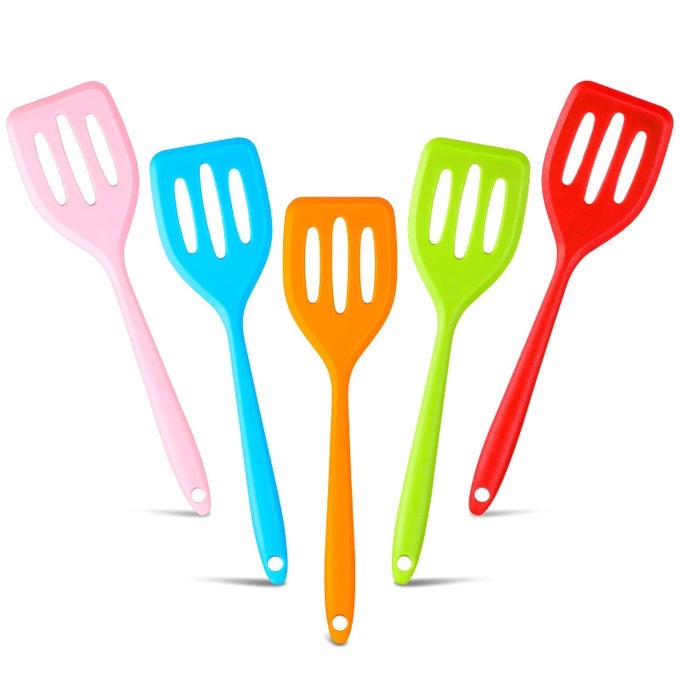 5 PACK SMALL SILICONE TURNER HIGH HEAT RESISTANT SLOTTED SPATULA FISH SET FLIPPER MINI SERVING COOKING RED BLUE GREEN ORANGE PINK