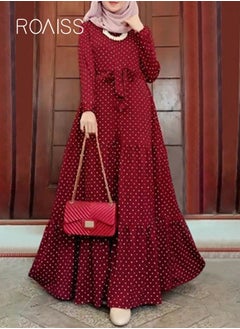 roaiss رداء نسائي طويل الأكمام بتصميم منقط كلاسيكي، تنورة طويلة، حزام أنيق، ملابس إسلامية إسلامية بحاشية كبيرة  - Image 1