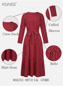 roaiss Women's Long Sleeve Vintage Polka Dot Robe Long Skirt Fashion Belt Large Hem Islamic Muslim Clothing  - Image 2
