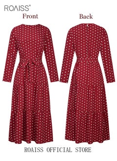 roaiss Women's Long Sleeve Vintage Polka Dot Robe Long Skirt Fashion Belt Large Hem Islamic Muslim Clothing  - Image 3