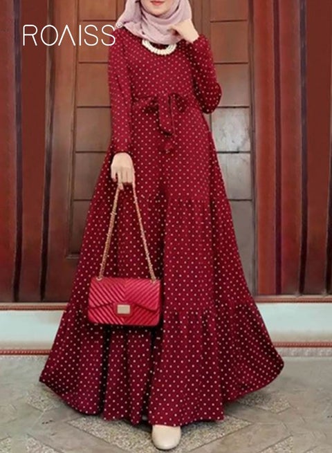 رداء نسائي بأكمام طويلة وتنورة طويلة وحزام أنيق وحاشية كبيرة وملابس إسلامية باللون الأحمر وحزام أنيق مزخرف وحاشية واسعة من القماش الناعم المتدفق مثالي للارتداء اليومي والمناسبات الخاصة