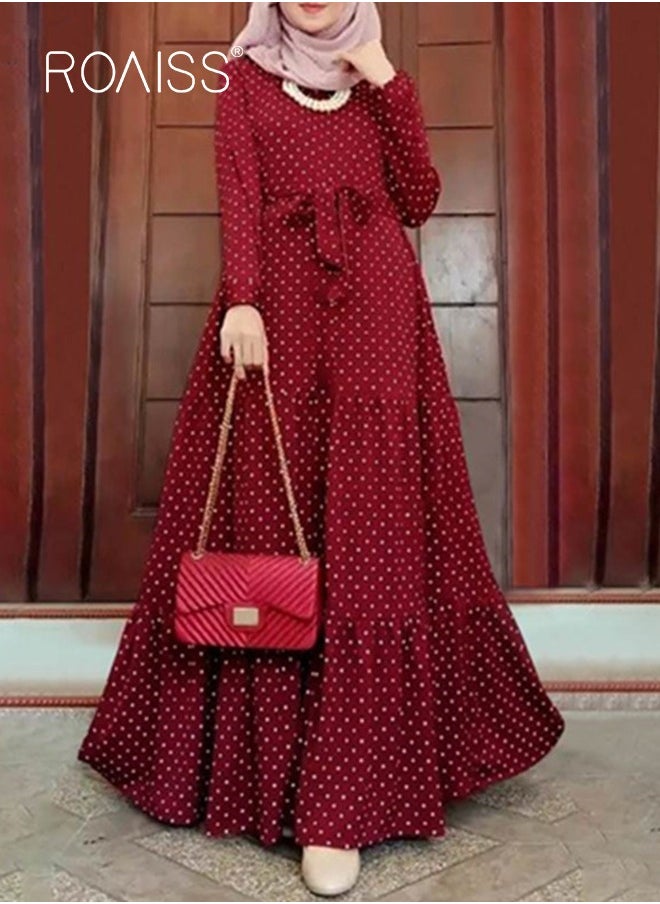 roaiss رداء نسائي طويل الأكمام بتصميم منقط كلاسيكي، تنورة طويلة، حزام أنيق، ملابس إسلامية إسلامية بحاشية كبيرة  - Image 1