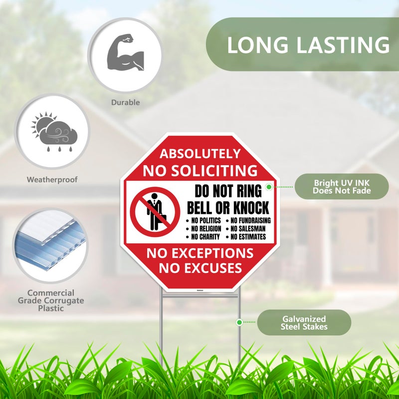 Venicor 2PC No Soliciting Sign with Stake, 12 Inches by 12 Inches - Corrugated Plastic - No Soliciting No Religious No Trespassing Sign for House Yard - Image 2