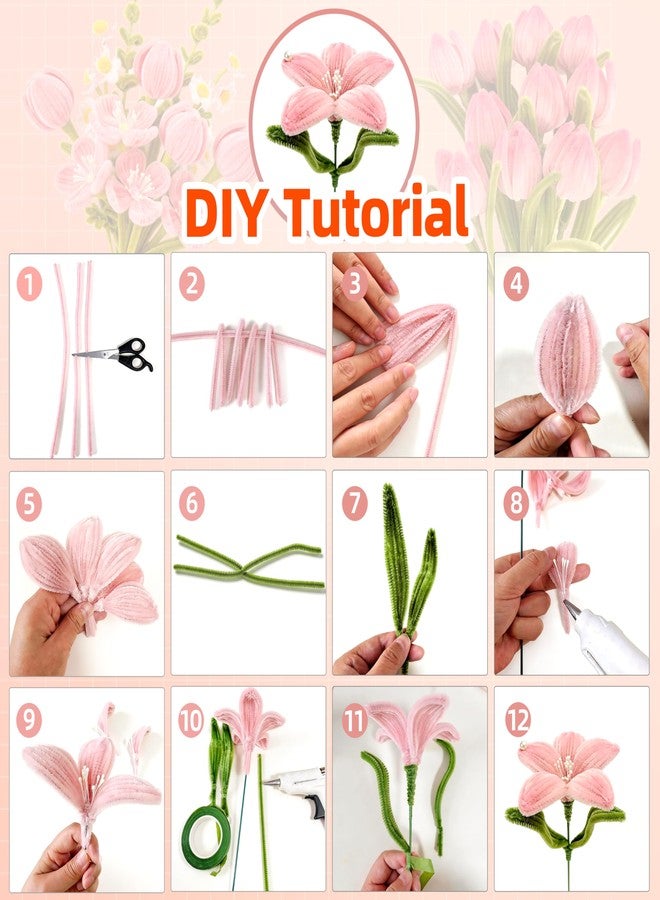 Ayuanb 900 PCS Pipe Cleaners Flowers Kit, Pipe Cleaners Craft with Handle, 14 Colors Chenille Stems with Floral Wires, Stamen, Wrapping Paper & Ribbon, DIY Bouquets and Party Decorations - Image 4