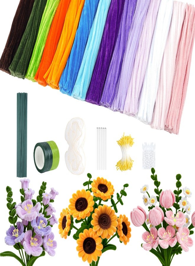Ayuanb 900 PCS Pipe Cleaners Flowers Kit, Pipe Cleaners Craft with Handle, 14 Colors Chenille Stems with Floral Wires, Stamen, Wrapping Paper & Ribbon, DIY Bouquets and Party Decorations - Image 1