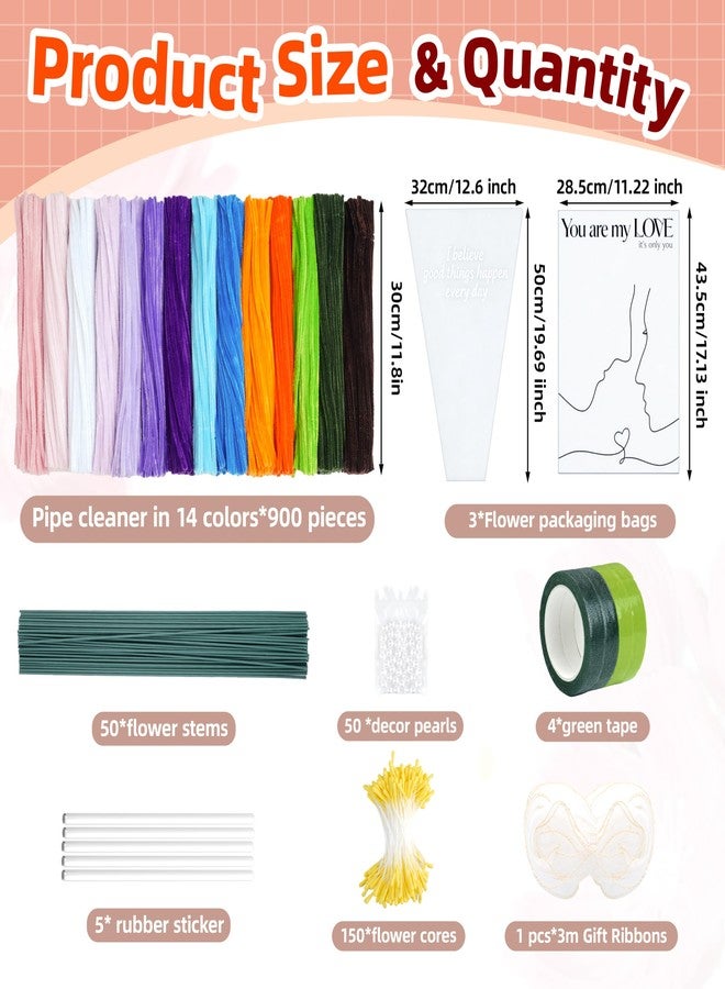Ayuanb 900 PCS Pipe Cleaners Flowers Kit, Pipe Cleaners Craft with Handle, 14 Colors Chenille Stems with Floral Wires, Stamen, Wrapping Paper & Ribbon, DIY Bouquets and Party Decorations - Image 2