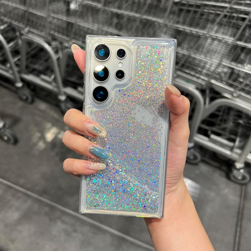 PANDACAMEL متوافق مع سامسونج S23 ألترا، غطاء هاتف أبيض لامع، رمال متحركة عائمة شفافة لطيفة، شفاف، مقاوم للخدش، مقاوم للاصفرار، مصمم للنساء والفتيات والمراهقات - Image 1