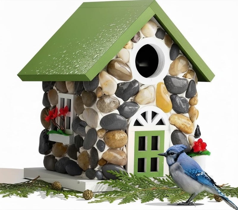 CEDAR ALPHA Masterpiece Bluebird House for Outside Clearance,Hanging Bird House for Outdoor, Stone Villa, River Pebbles Birdhouse for Outside, Garden Statue Solid Wood Longtime Lasting, Post Pole Mountable - Image 1