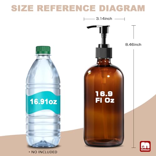 GM GMISUN GMISUN Glass Shampoo and Conditioner Dispenser, Shower Soap Dispenser Bottles with Labels, Refillable Shampoo Conditioner Body Wash Dispensers, Amber Glass Soap Pump Dispenser Set for Bathroom Shower - Image 2