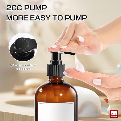 GM GMISUN GMISUN Glass Shampoo and Conditioner Dispenser, Shower Soap Dispenser Bottles with Labels, Refillable Shampoo Conditioner Body Wash Dispensers, Amber Glass Soap Pump Dispenser Set for Bathroom Shower - Image 5