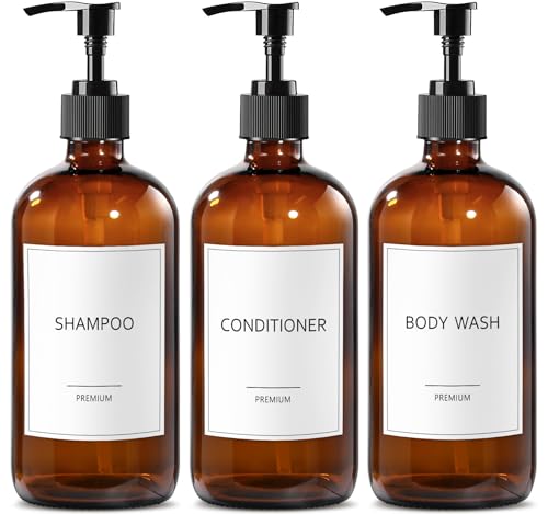 GM GMISUN GMISUN Glass Shampoo and Conditioner Dispenser, Shower Soap Dispenser Bottles with Labels, Refillable Shampoo Conditioner Body Wash Dispensers, Amber Glass Soap Pump Dispenser Set for Bathroom Shower - Image 1