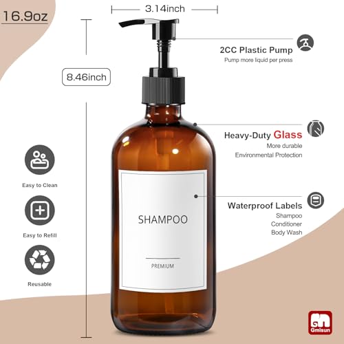 GM GMISUN GMISUN Glass Shampoo and Conditioner Dispenser, Shower Soap Dispenser Bottles with Labels, Refillable Shampoo Conditioner Body Wash Dispensers, Amber Glass Soap Pump Dispenser Set for Bathroom Shower - Image 3