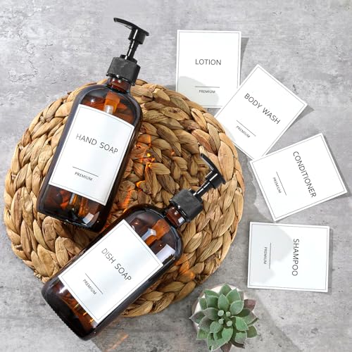 GM GMISUN GMISUN Glass Shampoo and Conditioner Dispenser, Shower Soap Dispenser Bottles with Labels, Refillable Shampoo Conditioner Body Wash Dispensers, Amber Glass Soap Pump Dispenser Set for Bathroom Shower - Image 4