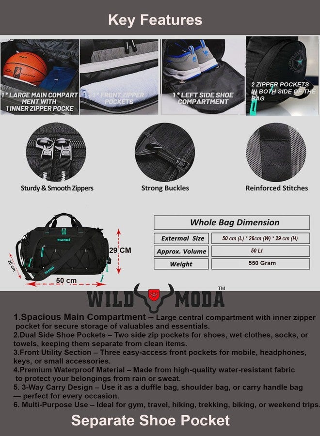 WILD MODA 50L Duffel Travel Bag with Multiple Pockets | Ideal for Gym & Outdoor Trips (Black & Blue) - Image 2
