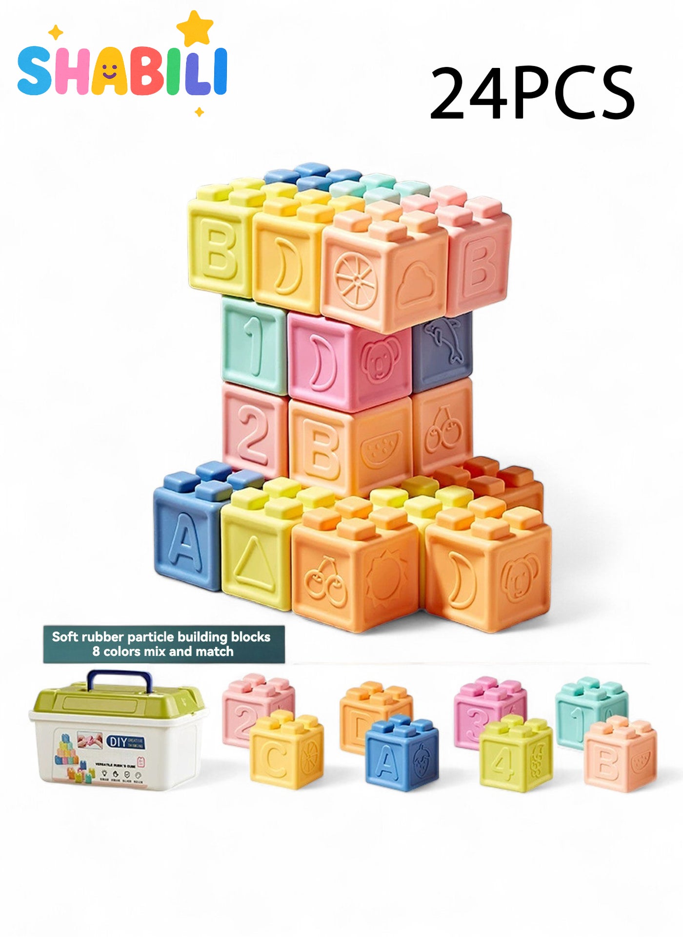 SHABILI Baby Soft Rubber Building Blocks 24PCS Set Large Size Chewable Boilable Educational Stacking Toys with Storage Box for Toddlers Age 0-3 Years Boys & Girls