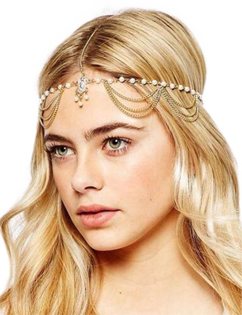 Chargances Women Head Chain Goldtone Rhinestone Crystal Bridal Head Chain Wedding Hair Accessorie Indian Costume Jewelry Egyptian Headband Belly Dance or 1920s Fashion Style Party Headpiece for Women