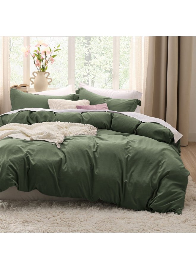 بيد شور طقم غطاء لحاف كامل الحجم باللون الأخضر الزيتوني من Bedsure - طقم غطاء لحاف كامل ناعم مغسول مسبقًا، 3 قطع، 1 غطاء لحاف 80 × 90 بوصة مع إغلاق بسحاب و2 غطاء وسادة، اللحاف غير متضمن  - Image 1