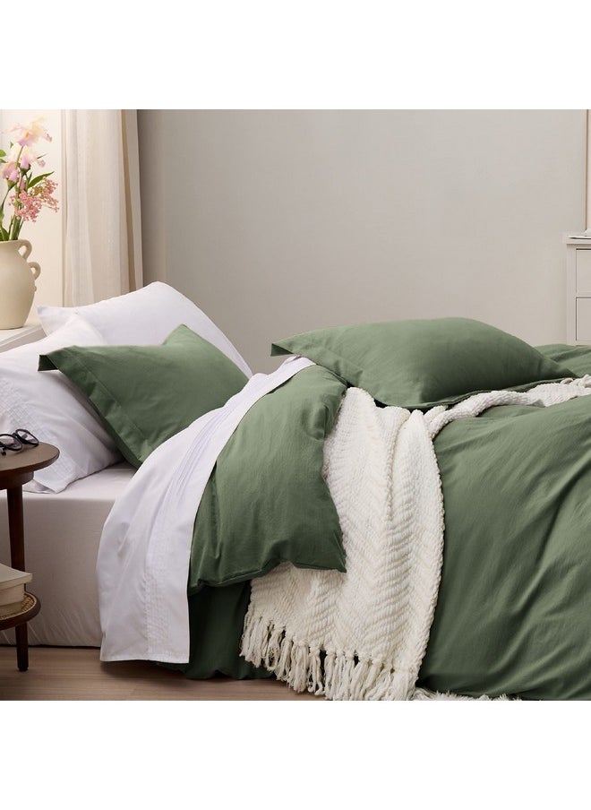 بيد شور طقم غطاء لحاف كامل الحجم باللون الأخضر الزيتوني من Bedsure - طقم غطاء لحاف كامل ناعم مغسول مسبقًا، 3 قطع، 1 غطاء لحاف 80 × 90 بوصة مع إغلاق بسحاب و2 غطاء وسادة، اللحاف غير متضمن  - Image 4