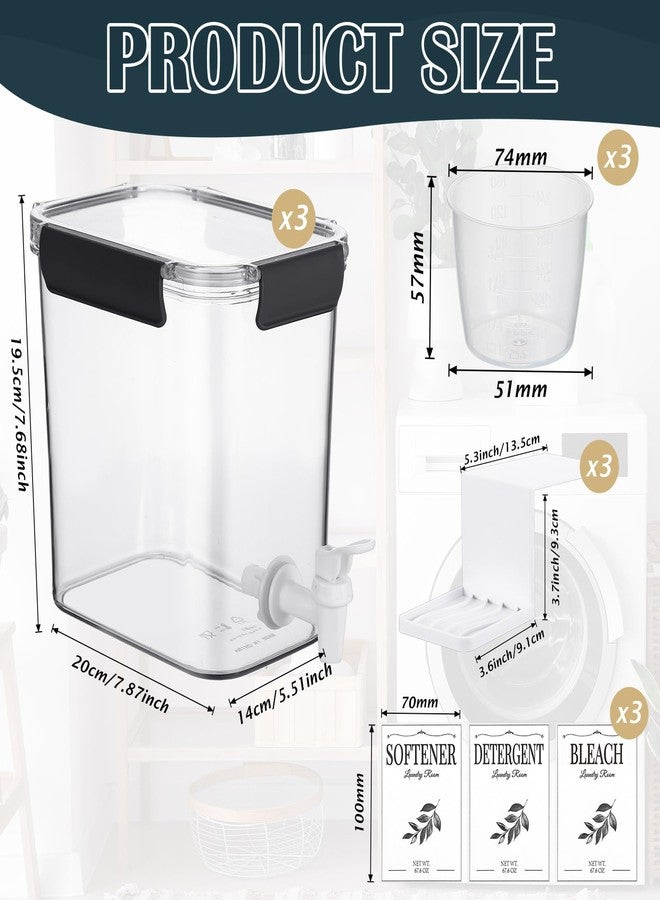 Soaoo 3 Set 67.6 oz Liquid Laundry Detergent Dispenser with Faucet and Cup Holder Labels Plastic Fabric Softener Container Detergent Drip Catcher for Laundry Room Washing Soap - Image 2