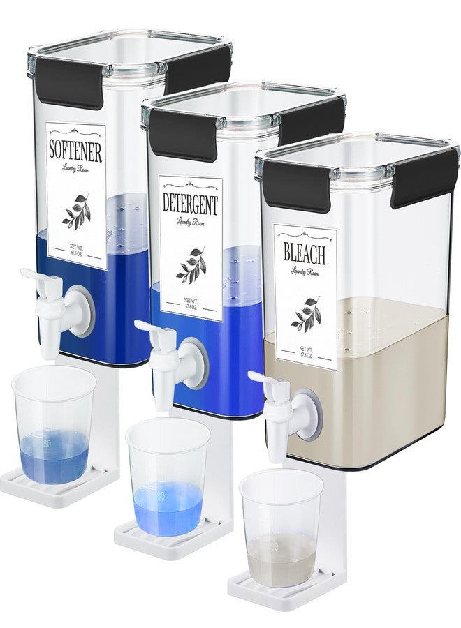 Soaoo 3 Set 67.6 oz Liquid Laundry Detergent Dispenser with Faucet and Cup Holder Labels Plastic Fabric Softener Container Detergent Drip Catcher for Laundry Room Washing Soap - Image 1