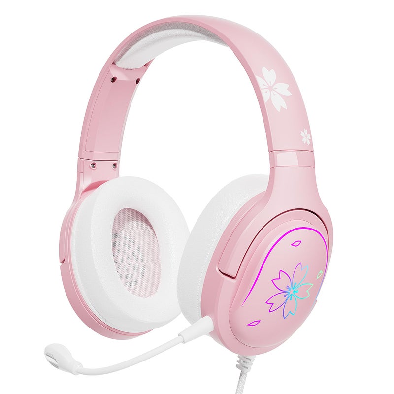 Mytrix Cherry Blossoms Wired Gaming Headset, 360Â° Rotation Mic, Soft Earmuff Gaming Headphones for PS4, PS5, PC & MAC, Switch, RGB Gradient Light Effect - Image 1