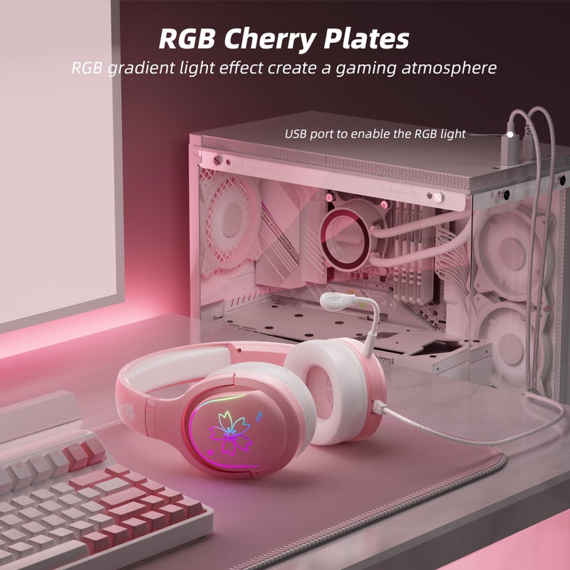 Mytrix Cherry Blossoms Wired Gaming Headset, 360Â° Rotation Mic, Soft Earmuff Gaming Headphones for PS4, PS5, PC & MAC, Switch, RGB Gradient Light Effect - Image 2