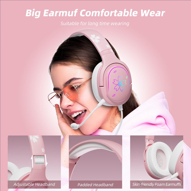 Mytrix Cherry Blossoms Wired Gaming Headset, 360Â° Rotation Mic, Soft Earmuff Gaming Headphones for PS4, PS5, PC & MAC, Switch, RGB Gradient Light Effect - Image 3