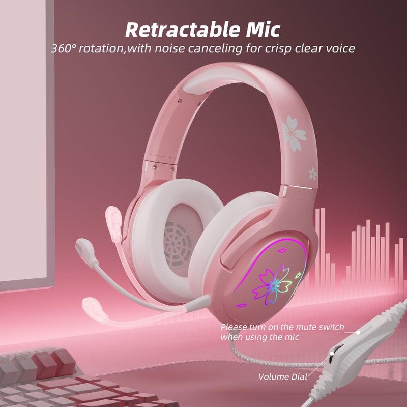 Mytrix Cherry Blossoms Wired Gaming Headset, 360Â° Rotation Mic, Soft Earmuff Gaming Headphones for PS4, PS5, PC & MAC, Switch, RGB Gradient Light Effect - Image 4