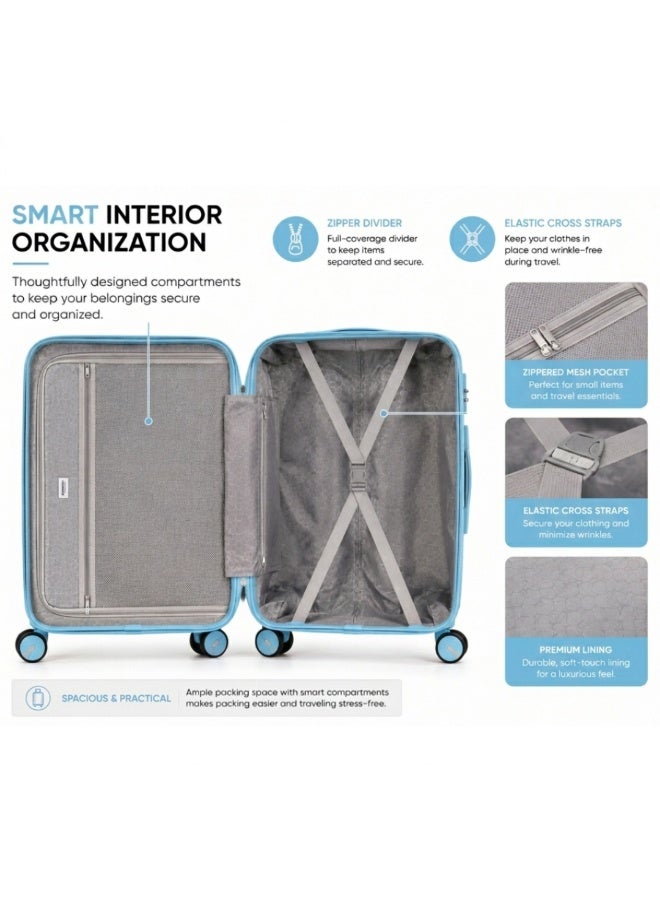 VELMORE 3 Piece Polypropylene Hard Side Luggage Set - Lightweight Spinner Suitcases with 360° Wheels | Durable Trolley Bags for Secure Travel (Small, Medium, Large) - Sky Blue - Image 5