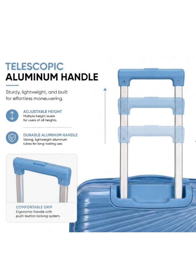 VELMORE 3 Piece Polypropylene Hard Side Luggage Set - Lightweight Spinner Suitcases with 360° Wheels | Durable Trolley Bags for Secure Travel (Small, Medium, Large) - Sky Blue - Image 4