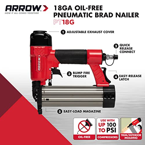Arrow Fastener Arrow PT18G Gauge Oil-Free Pneumatic Brad Nailer - Small Light Trim and Interior Molding Work, Operates Up to 100psi Compression Unit, Fits 5/8", 3/4", 1", 1.5", 2" Brad Nails - Image 2