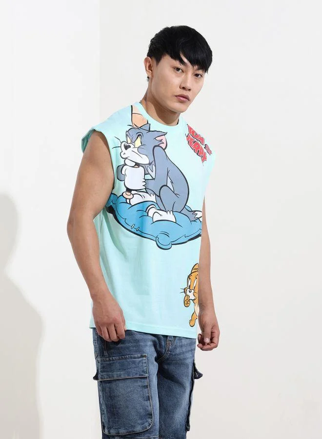 The Indian Garage Co  Men Oversized Fit Tom & Jerry Printed Crew Neck Sleeveless Crew Neck T-Shirt for Men | Best Price UAE