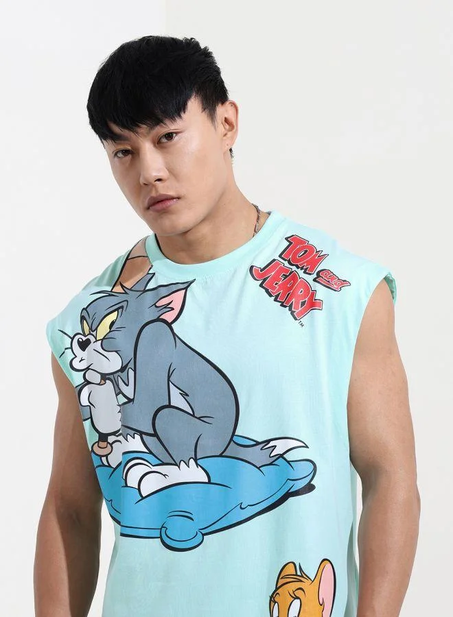 The Indian Garage Co  Men Oversized Fit Tom & Jerry Printed Crew Neck Sleeveless Crew Neck T-Shirt for Men | Best Price UAE