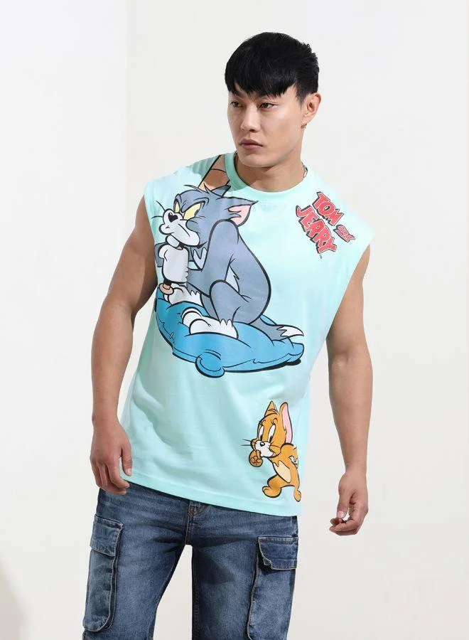 The Indian Garage Co  Men Oversized Fit Tom & Jerry Printed Crew Neck Sleeveless Crew Neck T-Shirt for Men | Best Price UAE