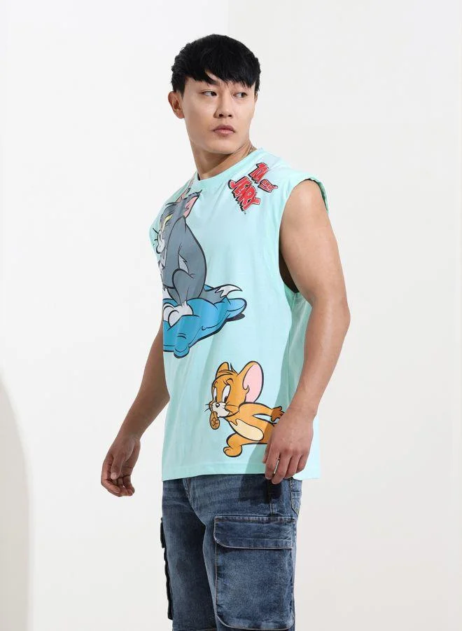 The Indian Garage Co  Men Oversized Fit Tom & Jerry Printed Crew Neck Sleeveless Crew Neck T-Shirt for Men | Best Price UAE