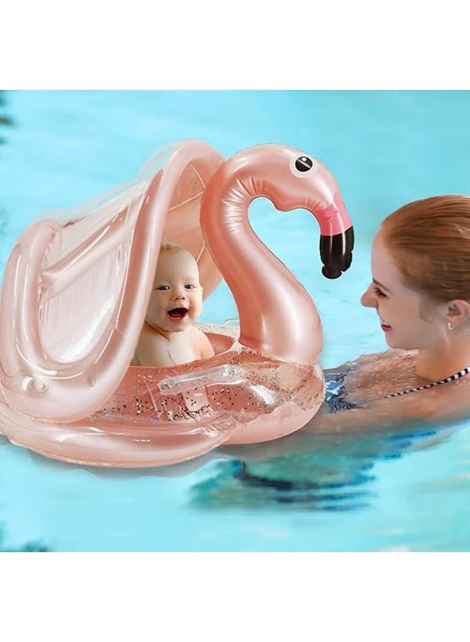 EETU Baby Pool Float With Canopy,Kids Inflatable Swimming Ring,Infant Pool Floaties Swim Pool Ring With Sunshade And Seat,Summer Activity Outdoor Water Bath Toys For Girls Boys 1-6 Year,Gold Flamingo - Image 1