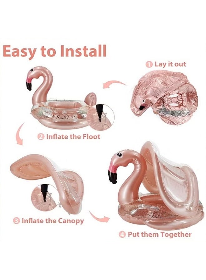 EETU Baby Pool Float With Canopy,Kids Inflatable Swimming Ring,Infant Pool Floaties Swim Pool Ring With Sunshade And Seat,Summer Activity Outdoor Water Bath Toys For Girls Boys 1-6 Year,Gold Flamingo - Image 3
