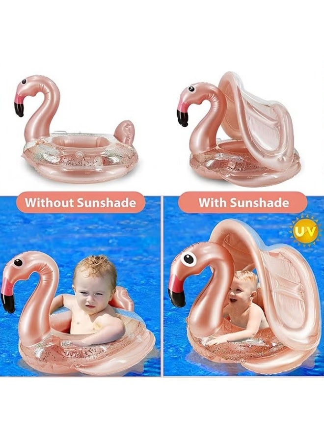 EETU Baby Pool Float With Canopy,Kids Inflatable Swimming Ring,Infant Pool Floaties Swim Pool Ring With Sunshade And Seat,Summer Activity Outdoor Water Bath Toys For Girls Boys 1-6 Year,Gold Flamingo - Image 2