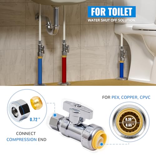 SUNGATOR Straight Stop Valve, 6-Pack SUNGATOR Straight Water Shut Off Valve 1/2 x 3/8 Inch Compression, Toilet Water Shutoff, 1/4 Turn, No Lead Brass Push-to-Connect Plumbing Fittings for PEX Pipe, Copper,CPVC - Image 3